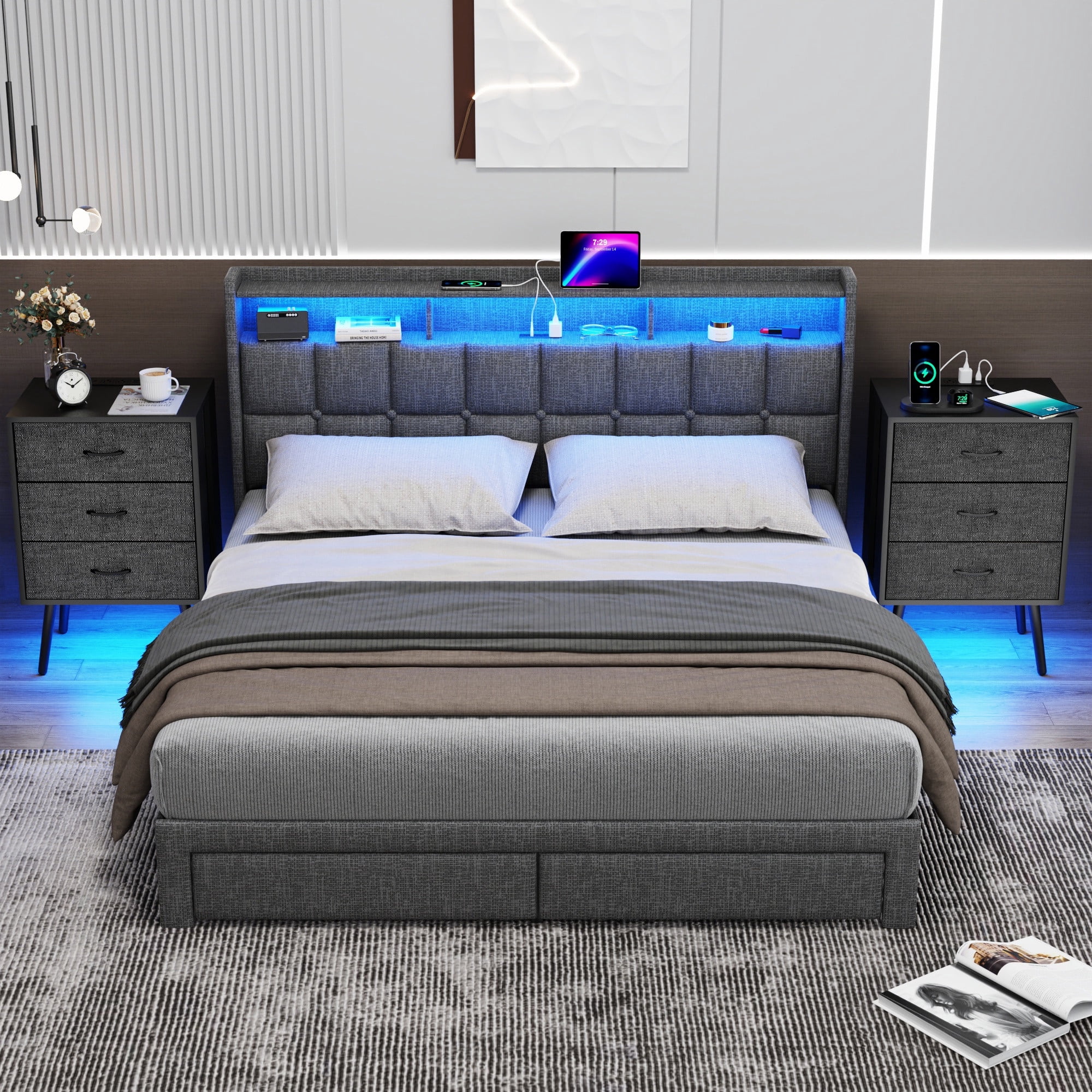 Nightstand Set of 2, Holaki Nightstand for Bedroom with Charging Station, Modern Nightstand with 3 Storage Drawer & 20 Colors LED Lights, Bedside Table for Living Room, Black