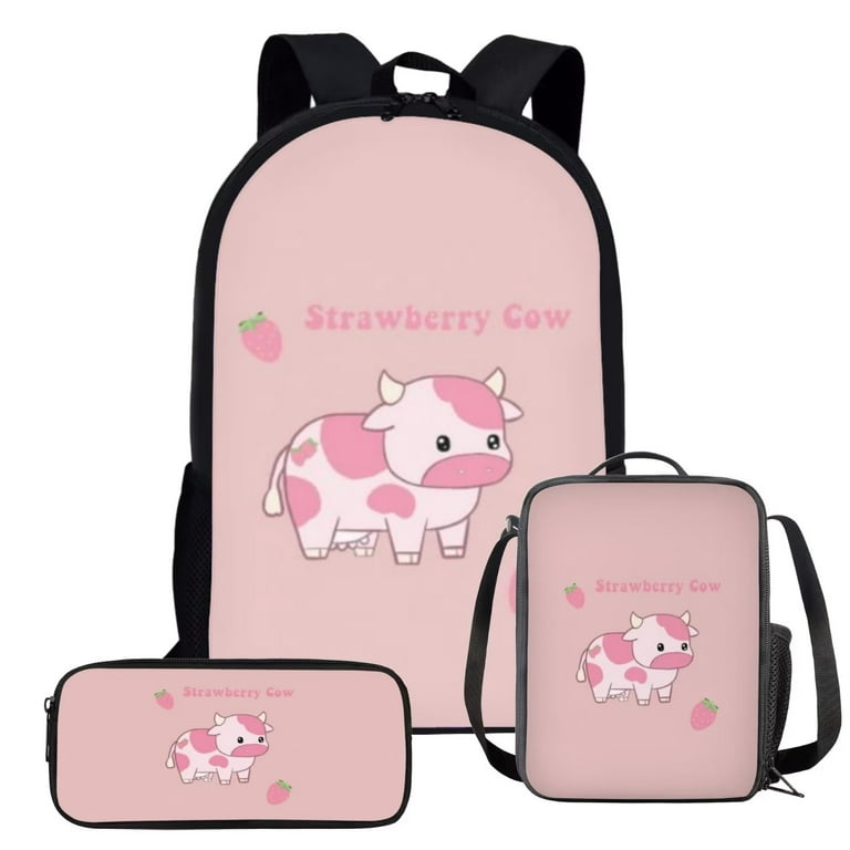 Pzuqiu Pink Strawberry Cow School Bag with Dinner Bag for Kids Backpack  Middle Primary Girls Bookbag for 4Th/5th Grade Students' Pencil Case +  Lunch