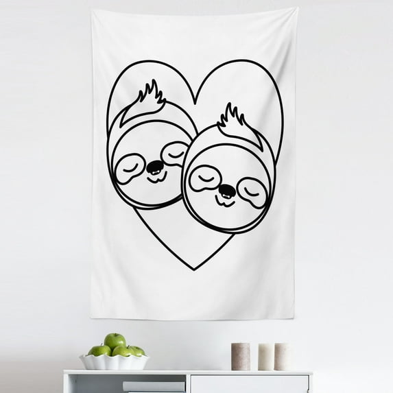 Sloth Tapestry, Sloths Lazy Animals in Love Couple Mating Season Monochrome Illustration, Fabric Wall Hanging Decor for Bedroom Living Room Dorm, 5 Sizes, White and Charcoal Grey, by Ambesonne