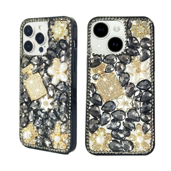 Sparkle Phone Case Compatible With Apple iPhone 15 Black Bling Crystal 3D Full Diamonds Luxury Rhinestone Ornaments Hybrid Protective Cover