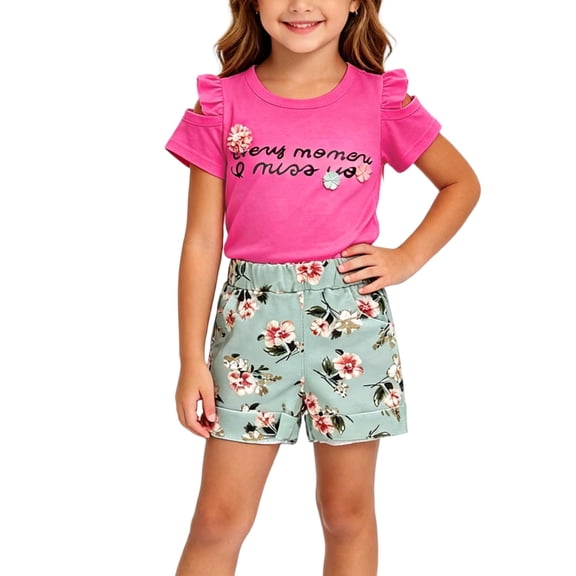 Mifsaly Toddler Girls 2 Piece Summer Outfits Cold Shoulder Short Sleeve Graphic T-Shirts with Appliques and Floral Shorts