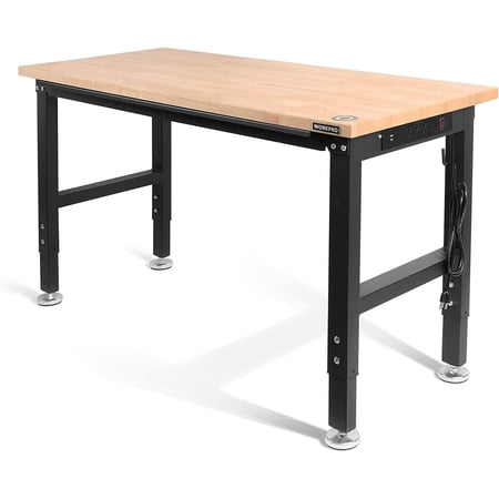 workpro 48 adjustable workbench rubber wood top heavy-duty workstation 2000 lbs load capacity hardwood worktable with power outlets for workshop garage office home