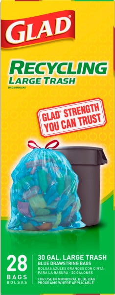 28 Count Glad Large Drawstring Recycling Bags 30 Gallon Blue Trash Bag 