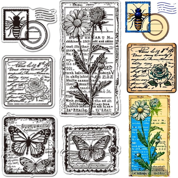 Vintage Butterflies Clear Stamps for Card Making Label Backgound Transparent Rubber Stamps Reusable Silicone Stamp Spring Scenery Sunflower Crafting DIY Scrapbooking Photos Album Decoration diy