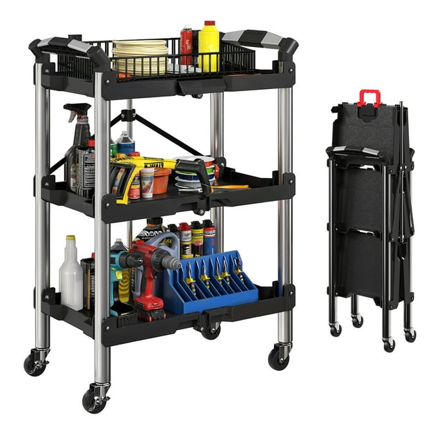 HOMCOM Chariot à Outils Pliable à 3 Niveaux avec Roues, Chariot Utilitaire Pliant Noir