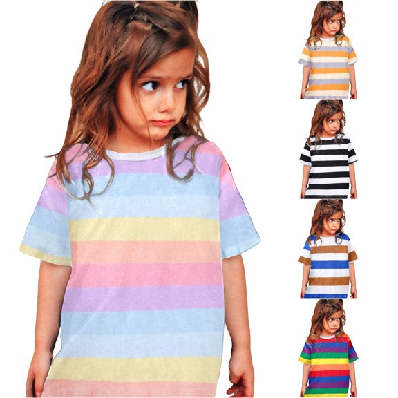 WAYUTE Shirts for Girls Colorful Striped Print Summer Short Sleeve Crew Neck T-Shirt for Kids Comfortable Casual Summer Top,Pink,Size 12 Y-13 Y