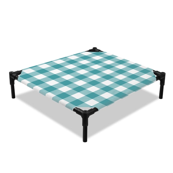 Pastoral Style Elevated Dog Bed, Teal Green Lattice Cooling Breathable Outdoor Raised Dog Cot Bed with Metal Frame Non-Slip Feet for Small Dog 20x20in
