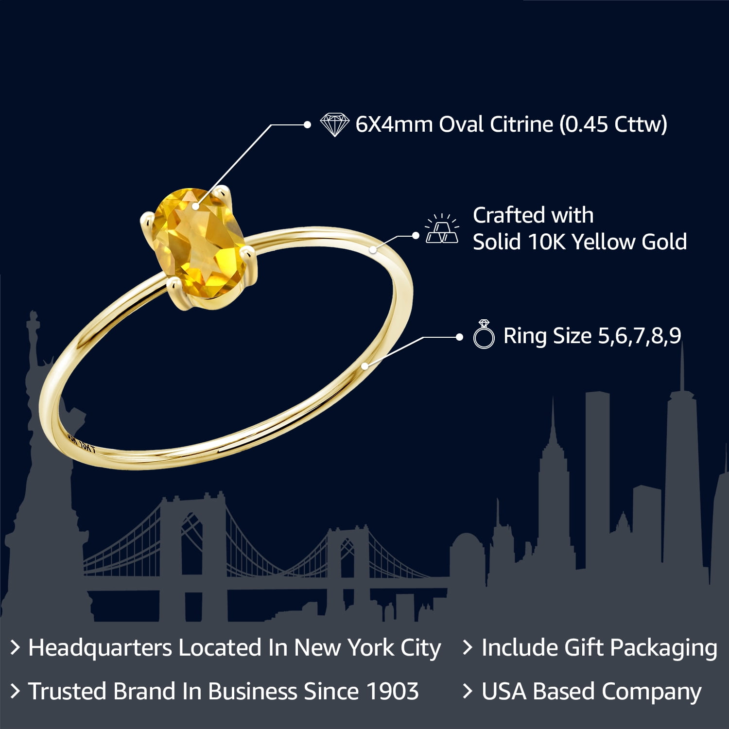 Gem Stone King 10K Yellow Gold Yellow Citrine Engagement Ring for Women (0.45 Cttw, Oval 6X4MM, Gemstone Birthstone)
