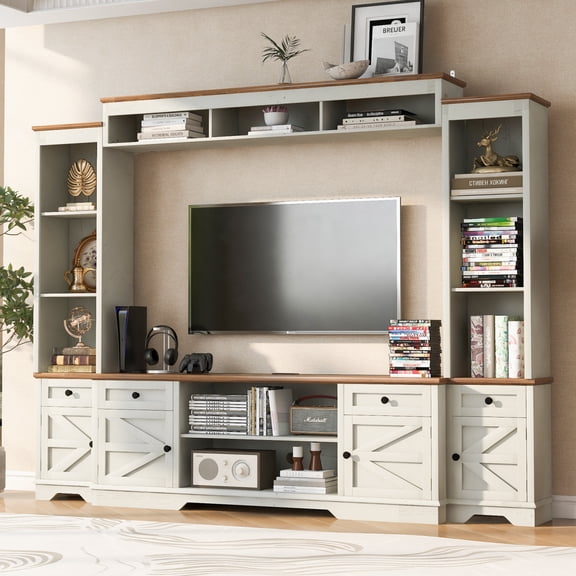 Youmumeub 98.8" Farmhouse Wall Unit Entertainment Center for TVs up to 75" – Media Console with Barn Doors, Bookshelves, Cable Management, USB/Type-C Ports, White Walnut Finish