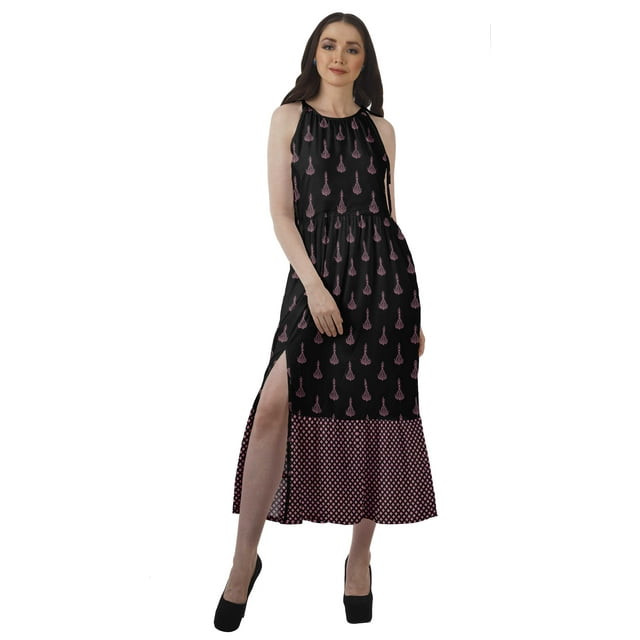 Moomaya Robe de Vacances pour Femmes en Rayonne, Col Licou, Sans Manches, Fente avant, Robe Imprimée
