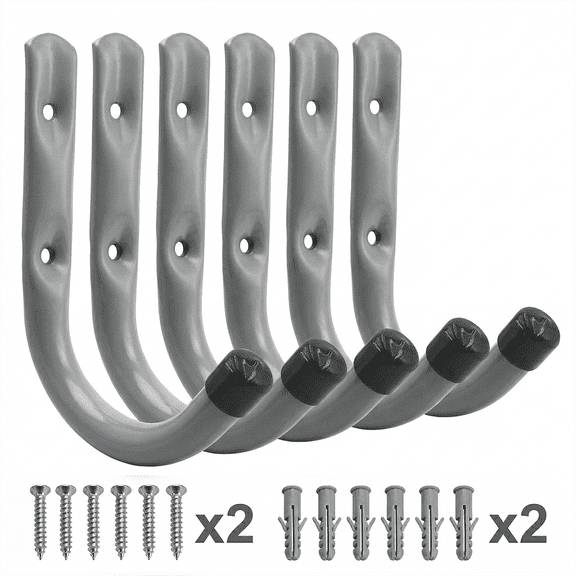 ZGDong 6 Pack 4-Inch Heavy Duty Garage Storage Hooks, Steel J Utility Hooks with Rubber Tips for Hanging Ladders, Tools, Bikes, 60lbs Each, Grey