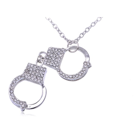 Womens y Tone Clear Rhinestones Sexy Police Cop Handcuff Pendant Necklace