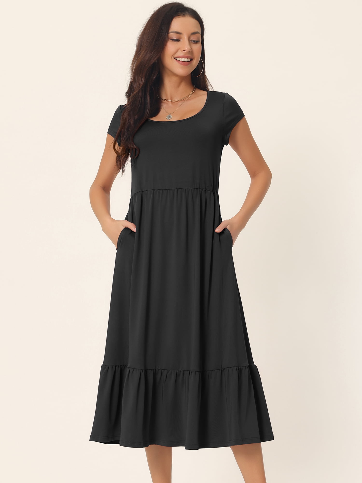 Unique Bargains Women's Tiered Round Neck Ruffle Hem Short Cap Sleeve Knit Midi Dress S Black