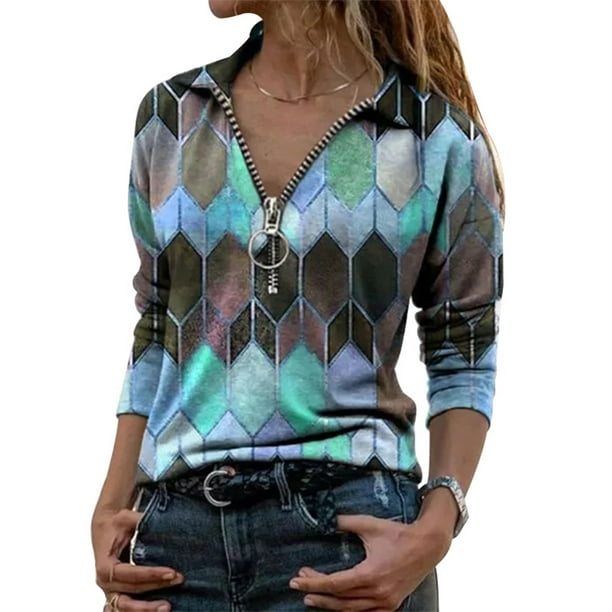 AMaVo - Avamo Women Zipper V Neck Shirts Lapel Geometric Print Tops ...