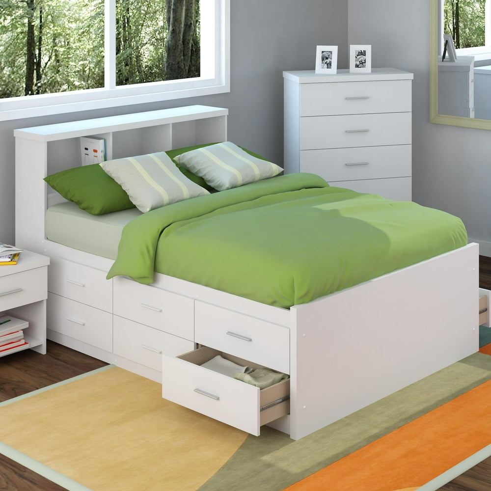 Sonax 2 Piece Captain's Storage Bed Set in Frost White with Bookcase