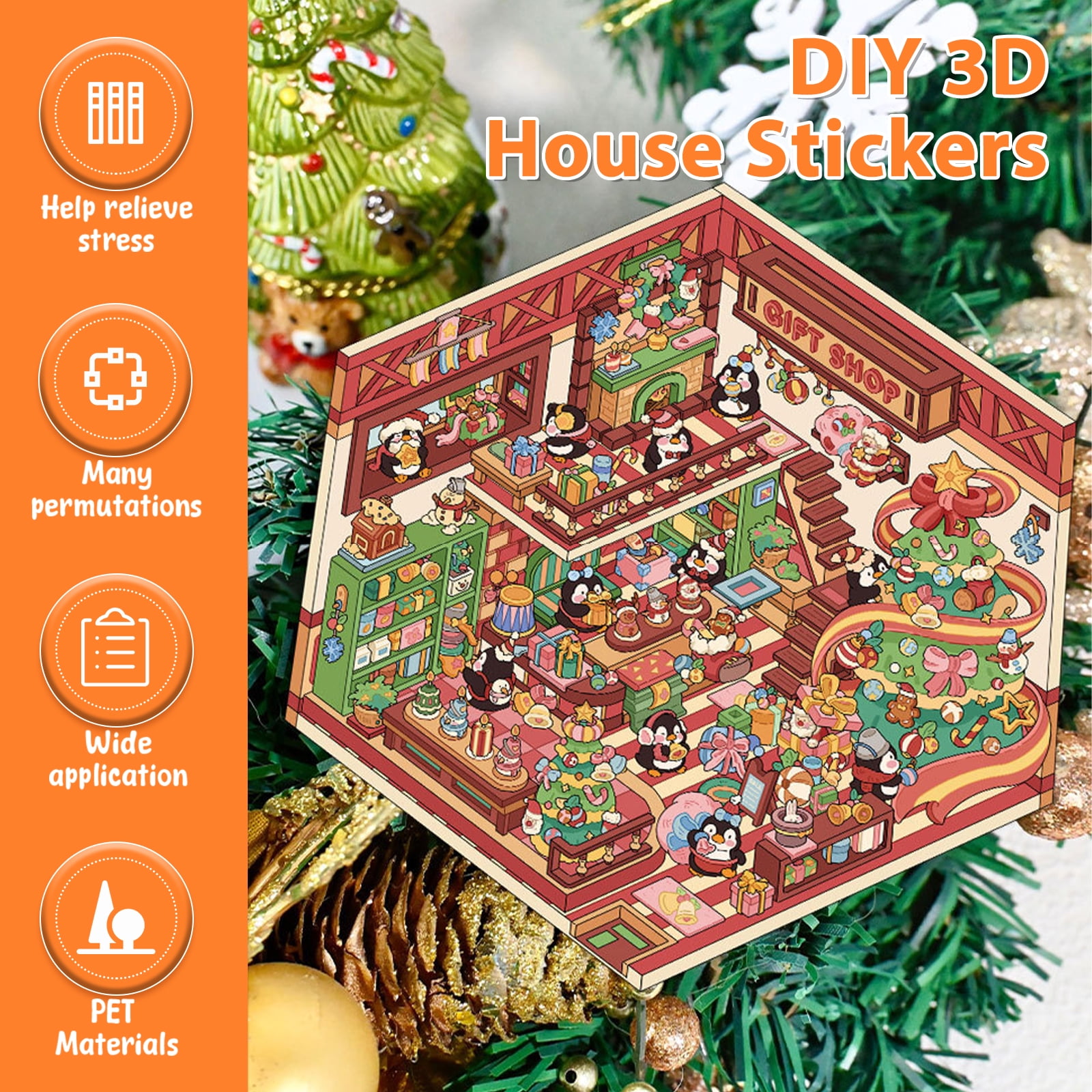 Vensio -16Pcs DIY 3D House Scene Stickers Set with 2 Tweezers, Reusable PET 3D Cartoon Furniture Stickers for Mini Room Decoration and Laptop Crafts, 1set
