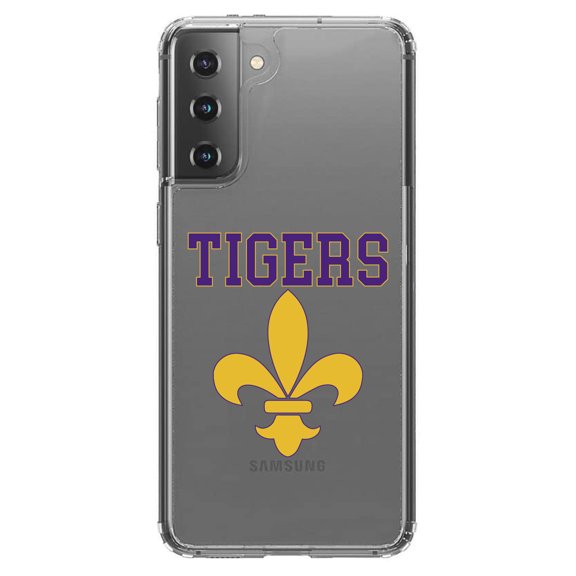 DistinctInk Clear Shockproof Hybrid Case for Galaxy S21  PLUS 5G (6.7" Screen) - TPU Bumper, Acrylic Back, Tempered Glass Screen Protector - Tigers Football / Fleur de Lis - Purple, Gold