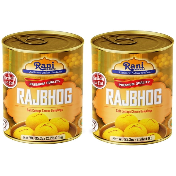 Rani Rajbhog (Soft Cottage Cheese Dumplings) 35.3oz (2.2lbs) 1kg, Pack of 2, Approximately 14 pieces, Easy Open Lid ~ Ready to eat | All Natural | Gluten Free | Non-GMO | Kosher | Indian Origin