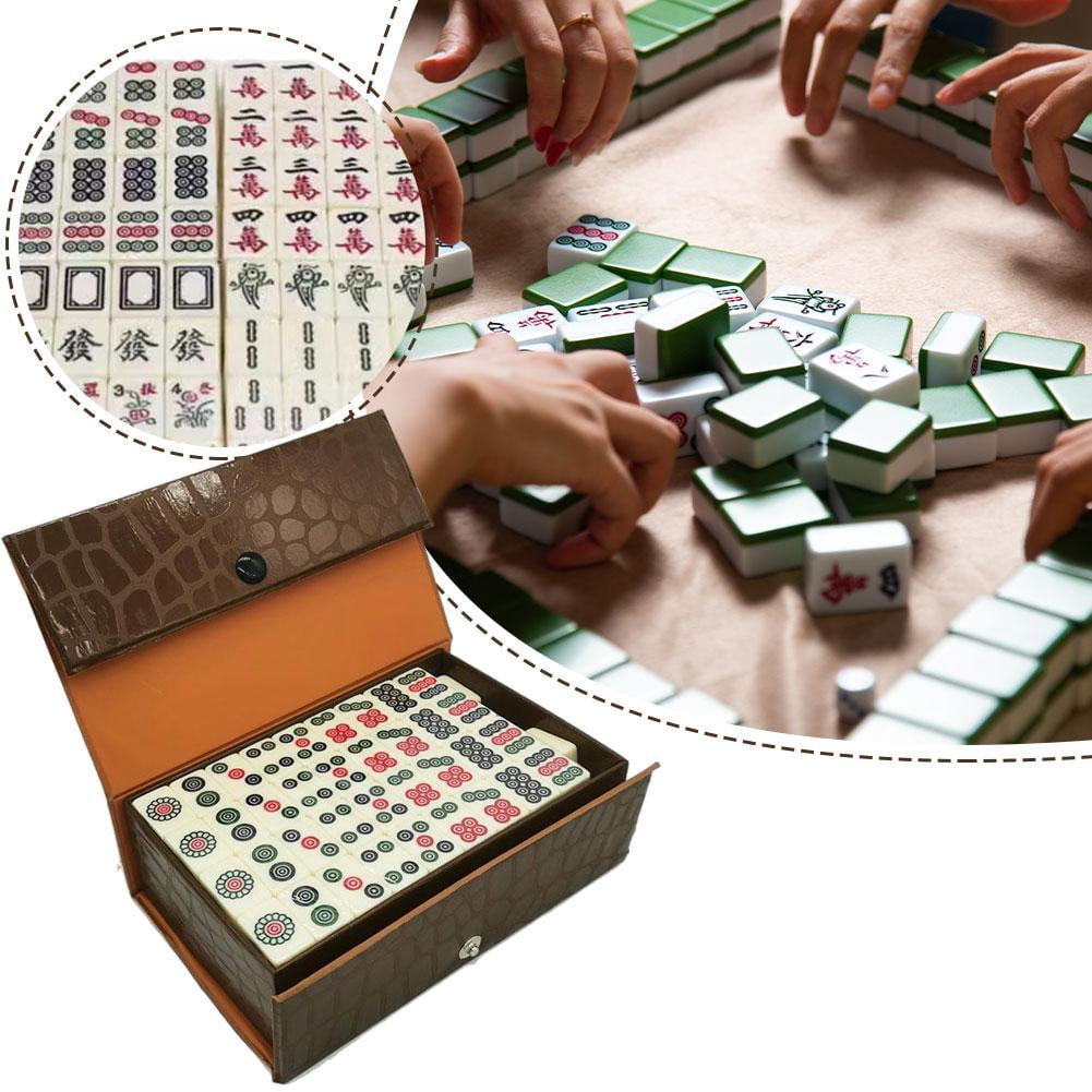 Chinese Mahjong Set with 144 Tiles Mini Mahjong Set with Brown Carrying Case Portable Lightweight Game for Travel Camping Family Gatherings Friends Party