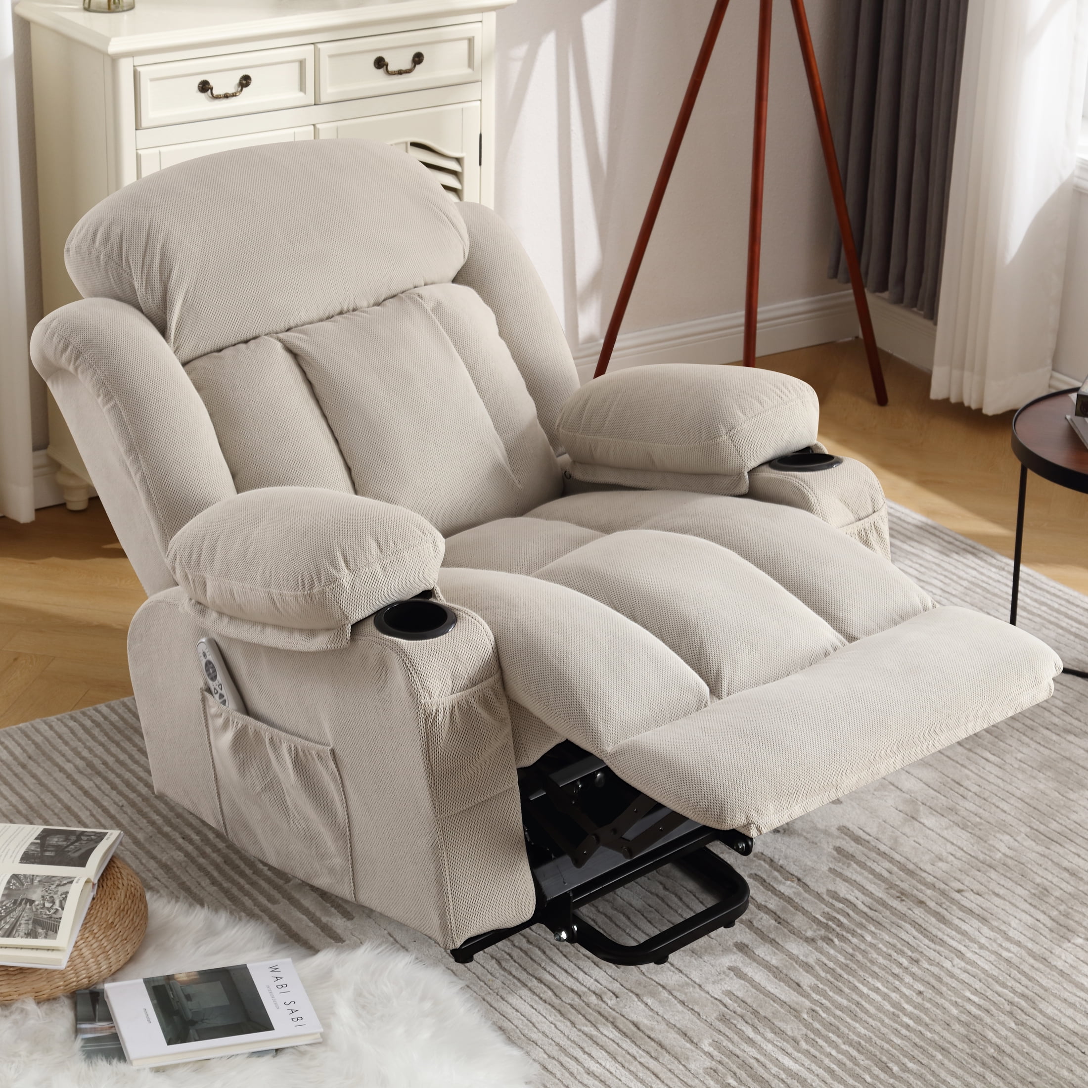 Power Lift Recliner for Elderly, Heavy Duty Electric Recliner Chair with Remote, Plush Fabric Reclining Sofa Chair, Beige