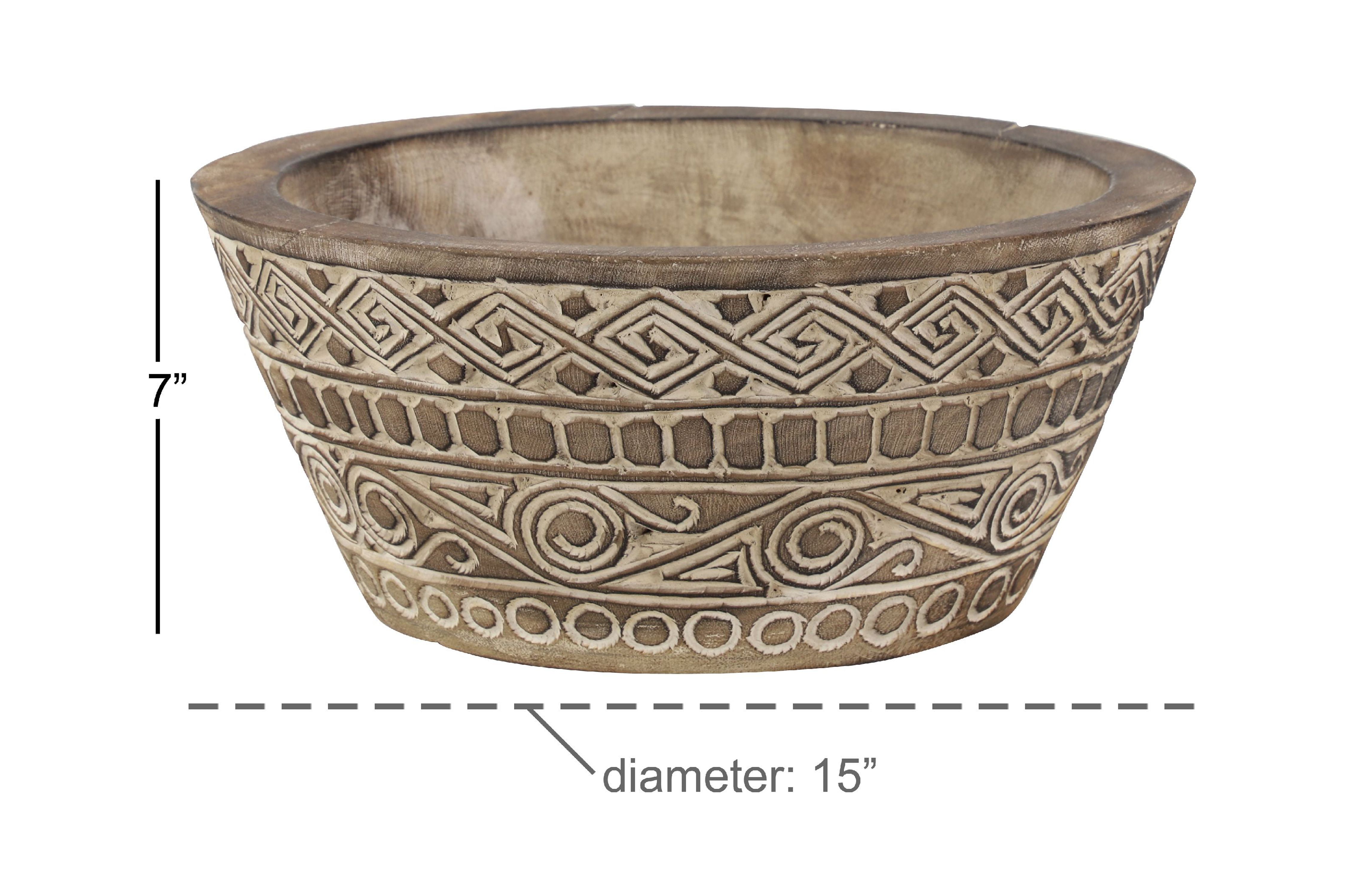 Decmode Large Round Decorative Hand-Carved Brown & White Wood Bowl w/ Tribal Design, 15.5” x 7”