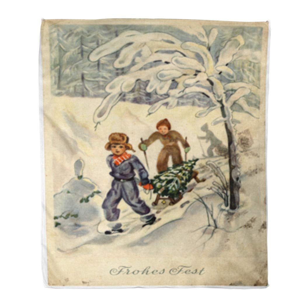 Hatiart Flannel Throw Blanket Gdr Circa 1954 Retro Printed In The East Germany Shows Two Boys On Sled Driven By Christmas Tree Text German Be 58x80 In