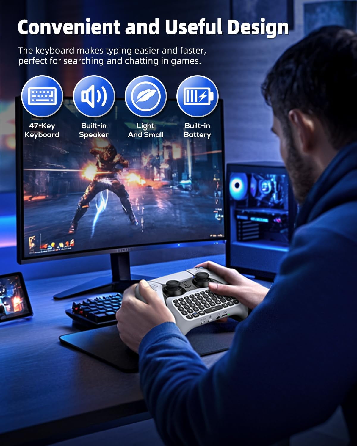 Bluetooth 3.0 Wireless Controller Keyboard for PS5/PS5 Pro,Mini Portable Gamepad Chatpad with Built-in Speaker&3.5MM Audio Jack, Voice Chat Board for Messaging&Gaming Live Chat,White