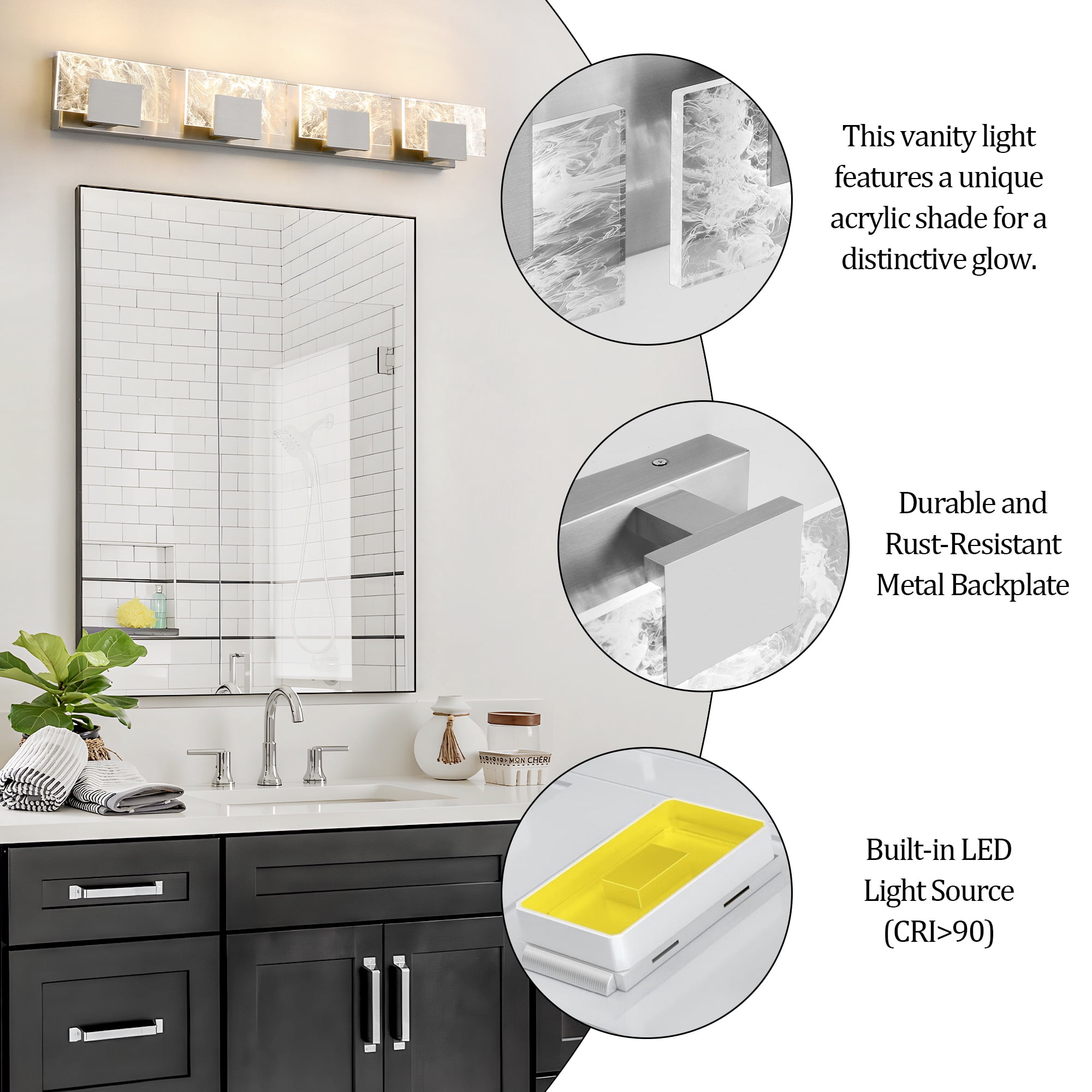 KAISITE 4-Light LED Modern Bathroom Lights over Mirror, Brushed Nickel Acrylic, Smoke Design, 3000K Wall Lights Fixture for Bedroom Living Room