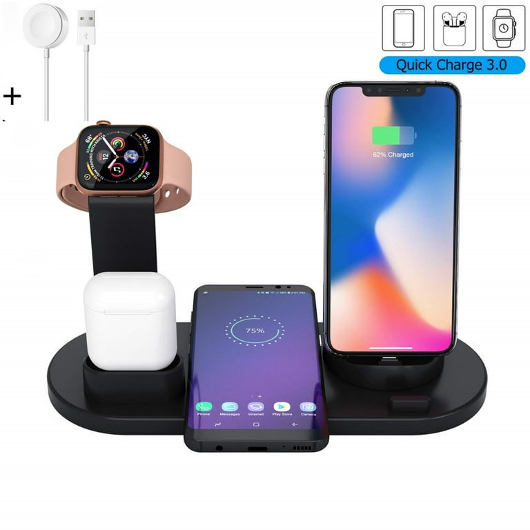 Wireless Charger 4 in 1 Wireless Charging Stand for Apple Watch and Airpods Qi Fast Wireless Charging Dock Compatible iPhone X XS XR XsMax 8 8 Plus