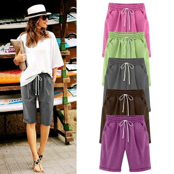 QATAINLAV Linen Shorts Women High Waist Knee Length Beach Shorts 2024 Summer Casual Drawstring Bermuda Shorts Solid Loose Plus Size Short Pants with Pockets Prime By Hour Hot Pink S