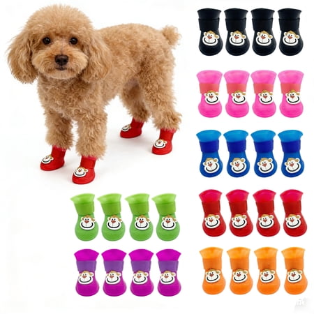 Set of 4 Waterproof Dog Boots Monkey Print Anti Slip Rain Shoes Outdoor for Medium Large Dogs with Fastening Straps