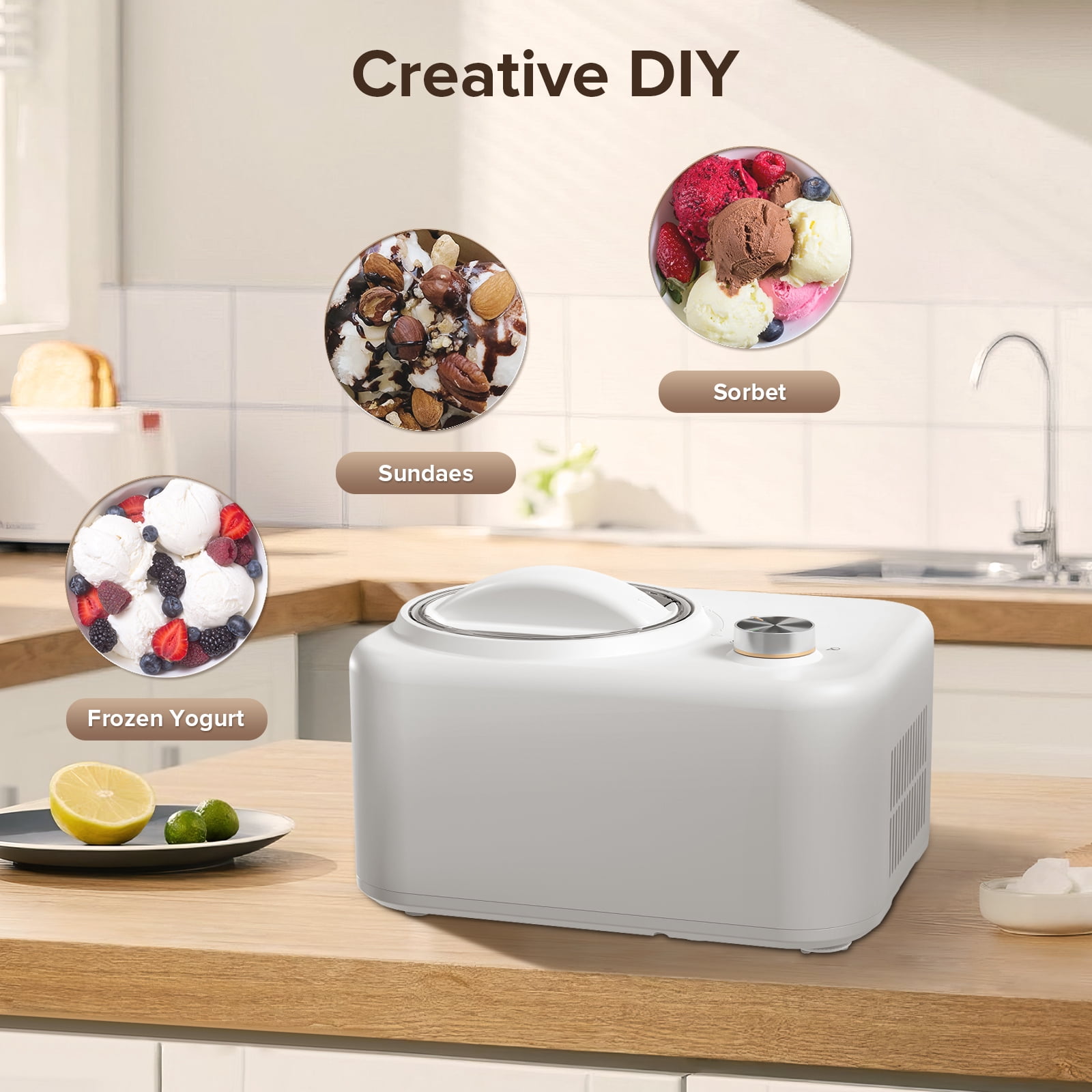 Moifoi Ice Cream Maker for Gelato, Frozen Yogurt, Ice Cream Sorbet, Compact Size, Knob-Operated Control, Upper Mixing