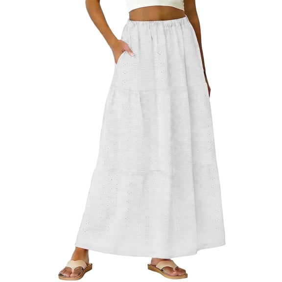 NXMZXB Womens Boho Casual Maxi Skirts Loose Flowy Elastic High Waisted Solid Color A-Line Long Skirts with Pockets Beach Vacation White L