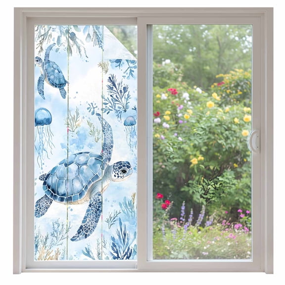 Blue Turtle Coastal Window Privacy Film, Coral Beach Nautical Ocean Static Cling UV Sun Blocking Heat Control Window Tint Day and Night, Non-Adhesive One Way Windows Privacy Cover 35.4''x78.7''