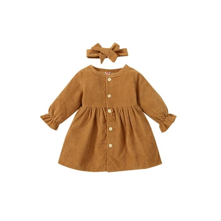 

Sunisery Kids Dress Solid Color Round Neck Long Sleeve One-Piece Headband
