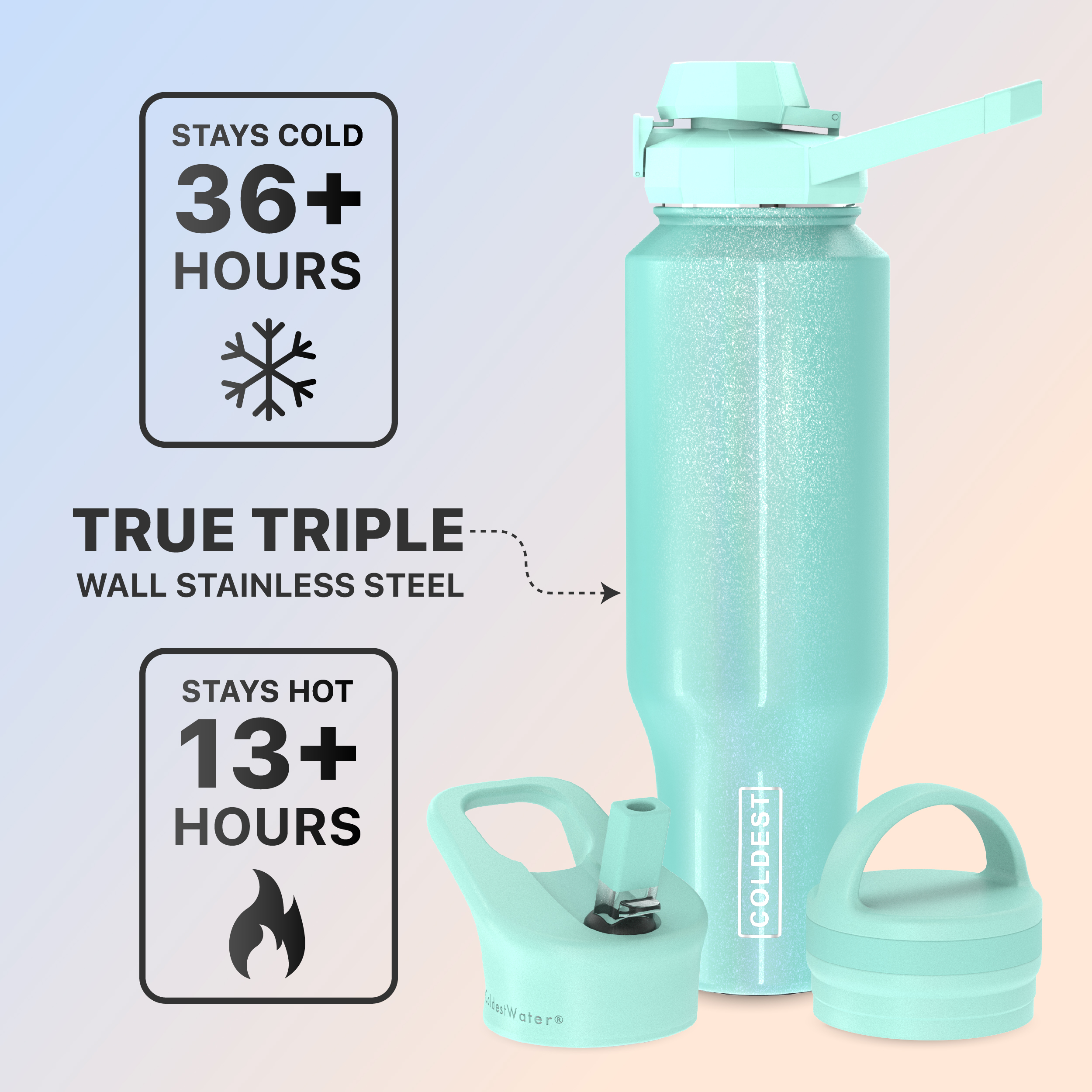 Coldest Sports Water Bottle - 3 Insulated Lids (Chug Lid, Straw Lid, Loop Lid ) Double Walled, Thermo Mug, Metal Canteen (46 oz, Astronaut Green Glitter)