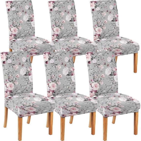 Grey Dining Chair Covers Set of 6,Pink Floral Parsons Stretch Chair slipcovers,Kitchen Spring Summer Decor Chair Seat Cover Protectors(Pink Flowers,6 Pack)