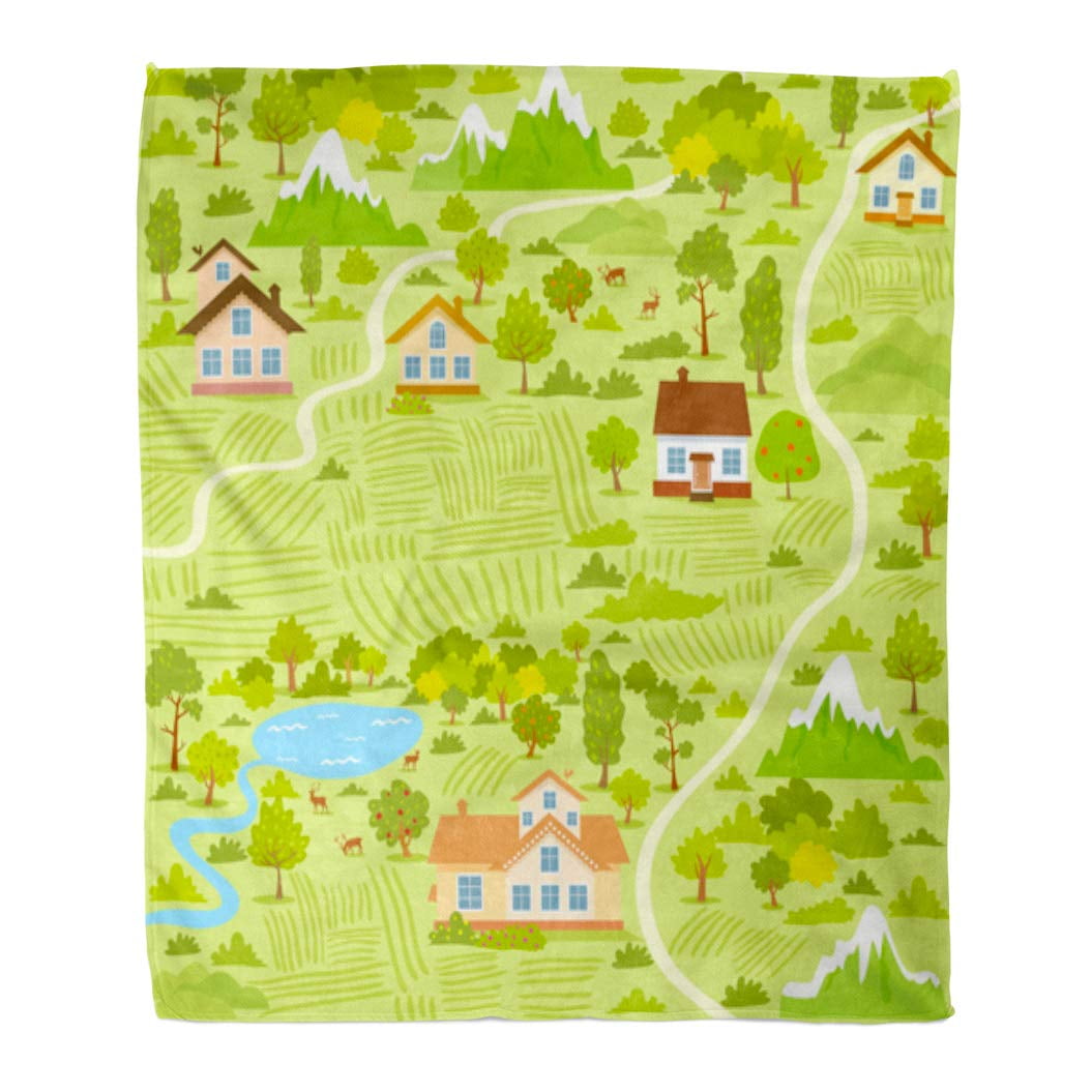 SIDONKU Flannel Throw Blanket Green Cartoon of Map Village Houses Cute  Grass Mountain Soft for Bed Sofa and Couch 58x80 Inches 