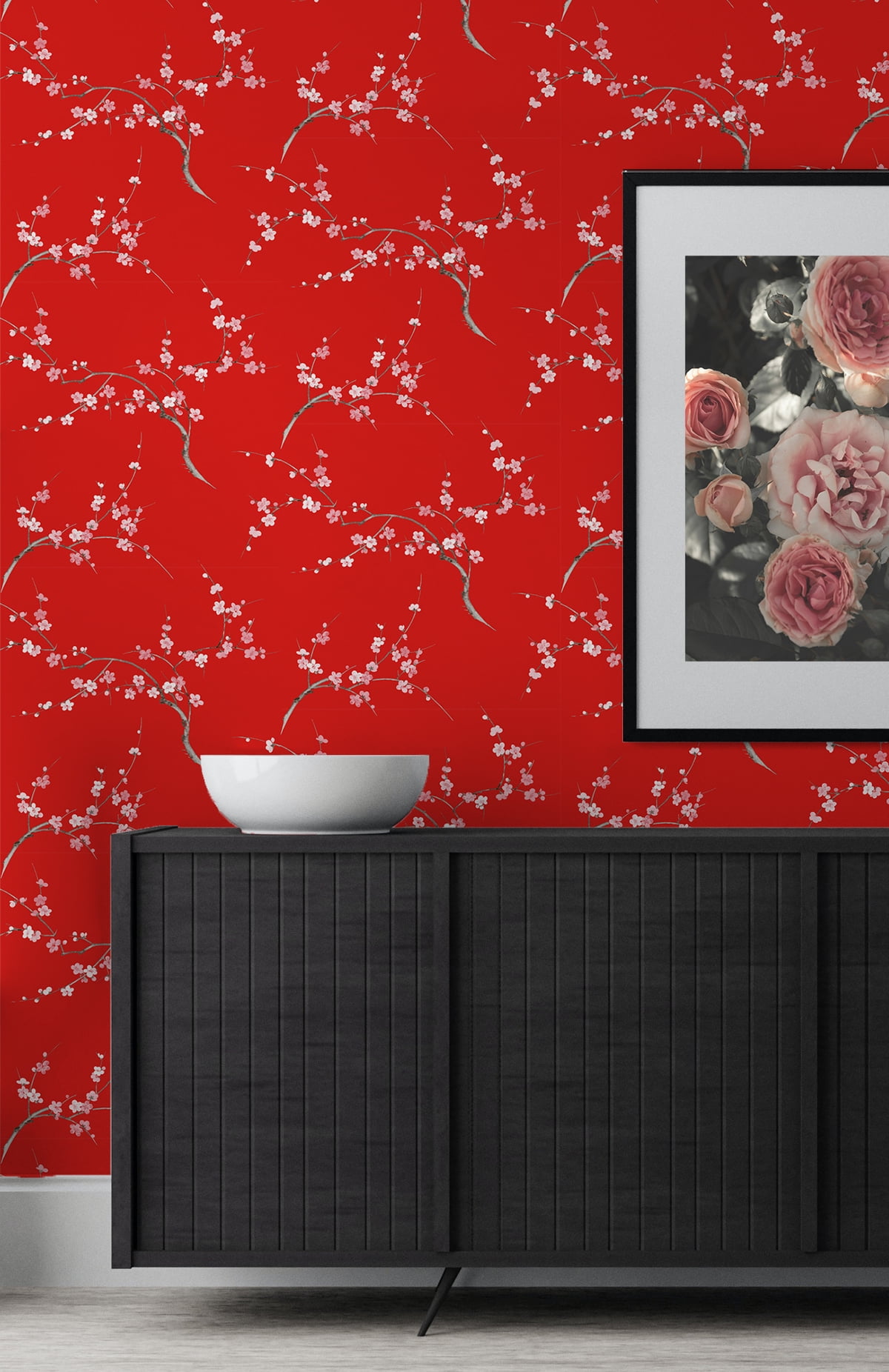 NextWall Scarlet & Petal Pink Cherry Blossom Floral Peel and Stick Wallpaper