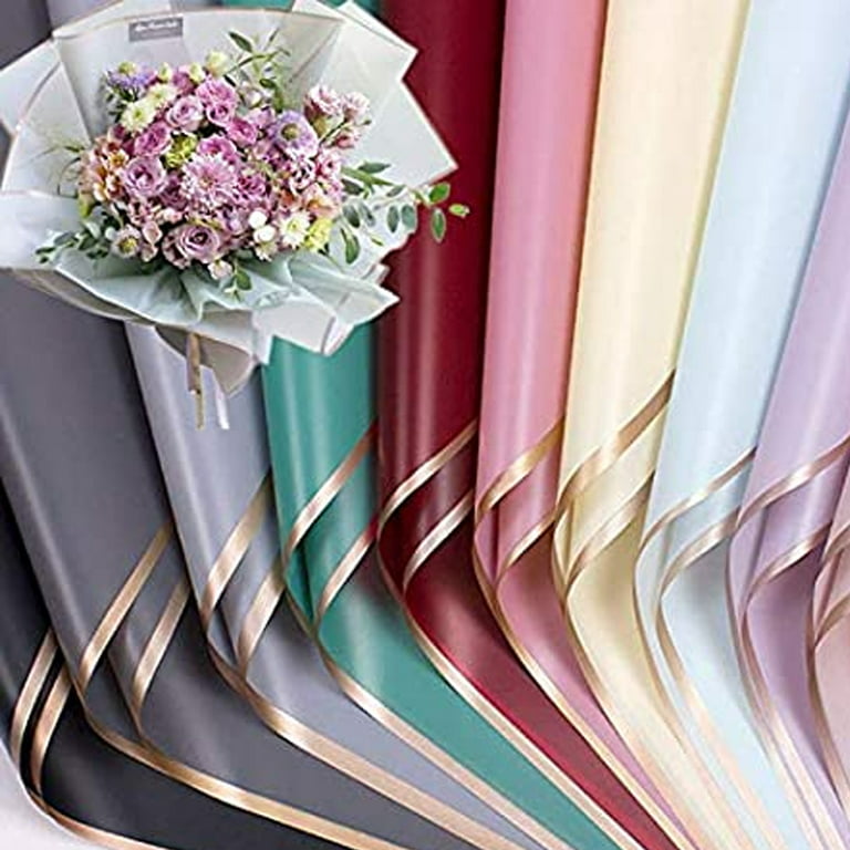 Pure Color Gold Edge Flower Wrapping Paper Waterproof Translucent Bouquet  Packaging Paper Florist Bouquet Supplies for Valentine's Day Wedding DIY  Crafts Gift,Lemon yellow，G196936 