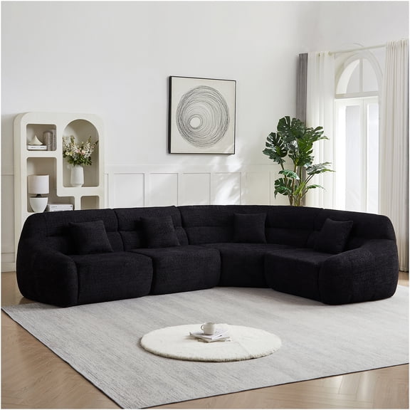 JERFIT Modern Curved Corner Sectional Sofa, 4-Piece Chenille Fabric Cloud Couch with Pillows, High Back Large 4-Seater for Living Room, Black