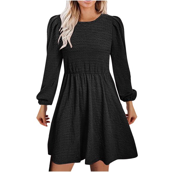 cfhntfmh Mini Dresses for Women Fall Crewneck Puff Long Sleeve Short Dress Casual Solid Color Vacation Dress