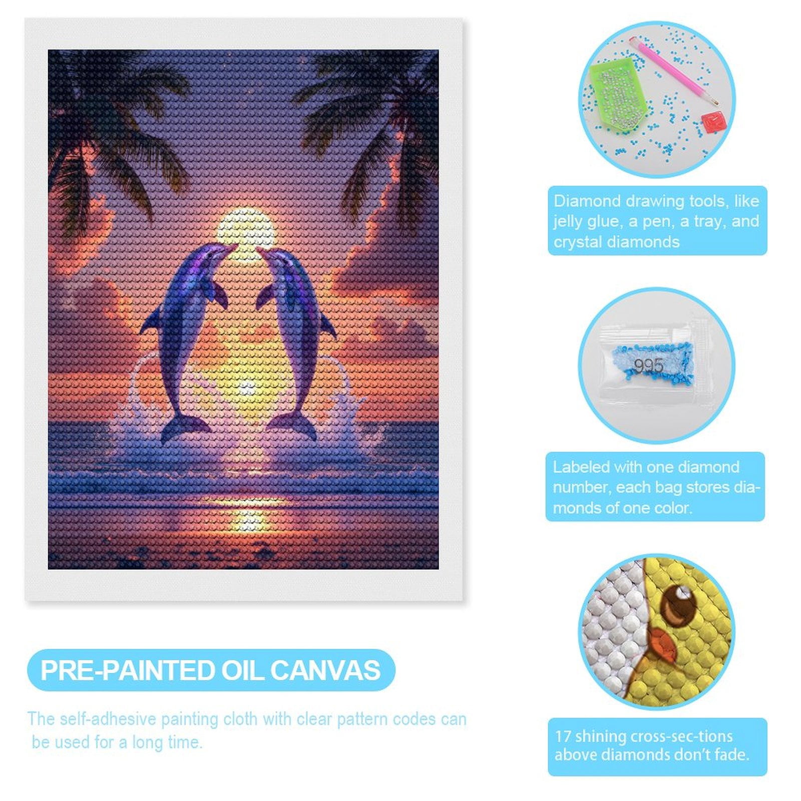 Diamond Art Kits for Adults, Twin Dolphins Sunset Splash 5D Diamond Painting Kits for Adults Beginners, DIY Full Drill Diamond Painting, Gem Art and Crafts 12x16