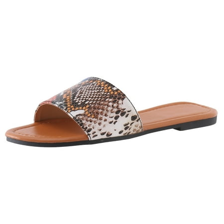 

KI-8jcuD Leather Slides for Women Fashion Spring and Summer Women Slippers Flat Bottom Open Toed Colorful Serpentine Pattern Slip On Casual Beach Shoe Orange7
