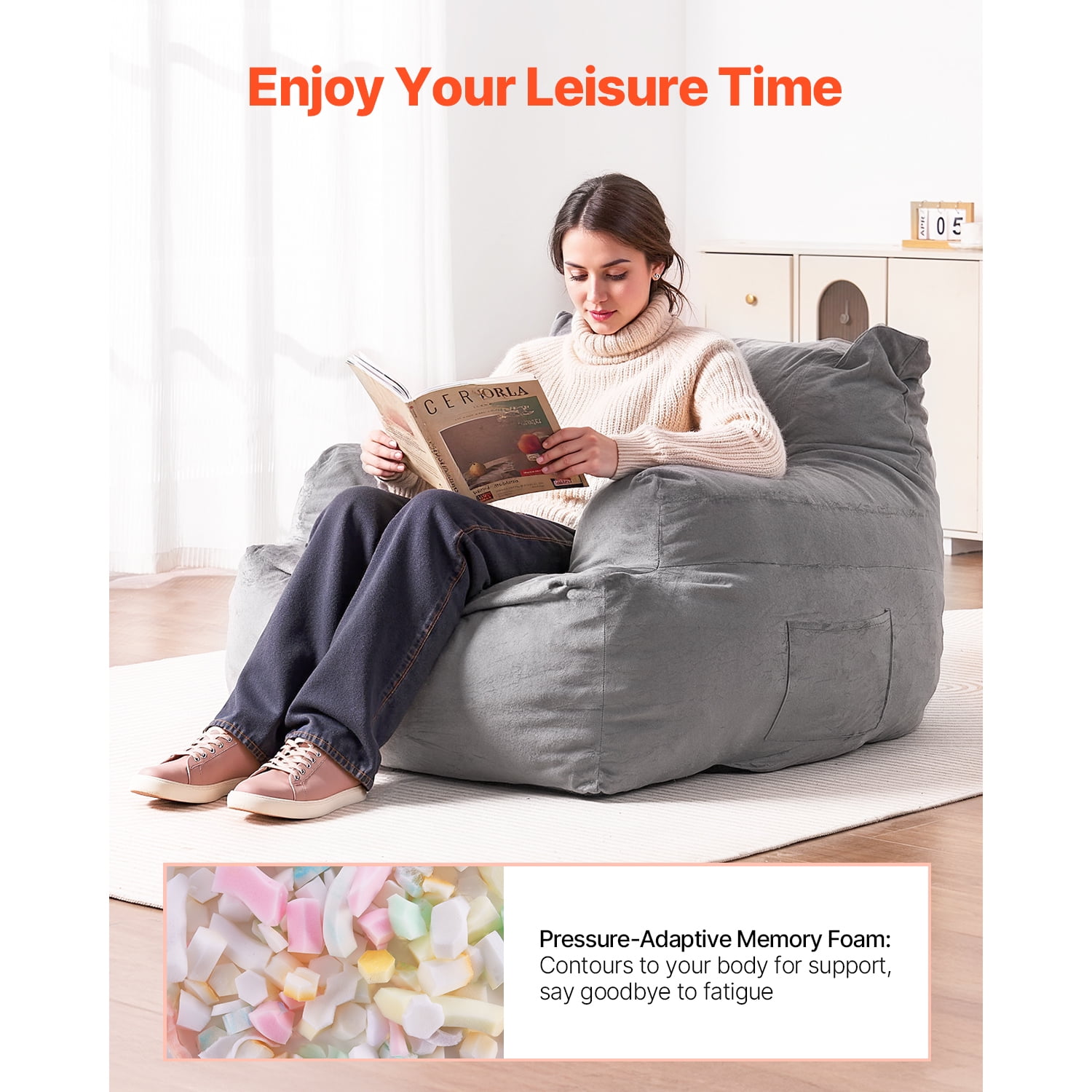 KFFKFF Bean Bag Seat, Armchair Style BeanBag for Grown-ups, Soft Plush & Dense Foam Stuffed Adult Bean Bag with Zapper, Cozy Lounging Chair Perfect for Lounge, Bedroom, in Grey
