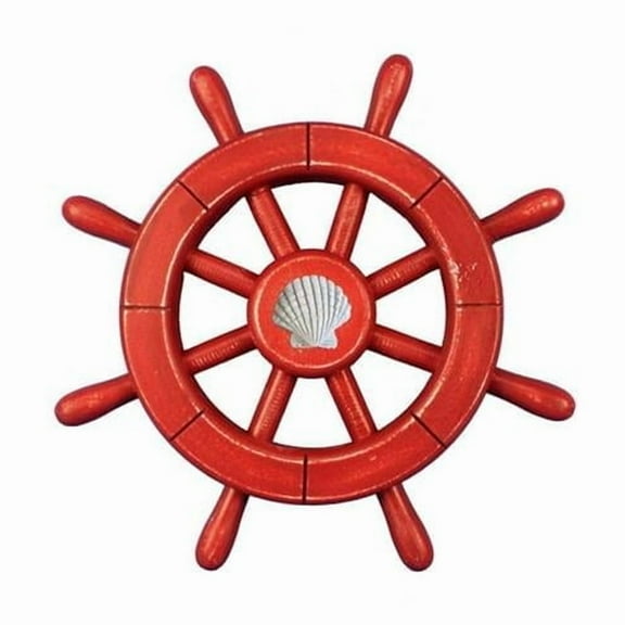 Handcrafted Decor Rustic-All-Red-SW-12-Seashell Rustic All Red Decorative Ship Wheel with Seashell- 12 in.