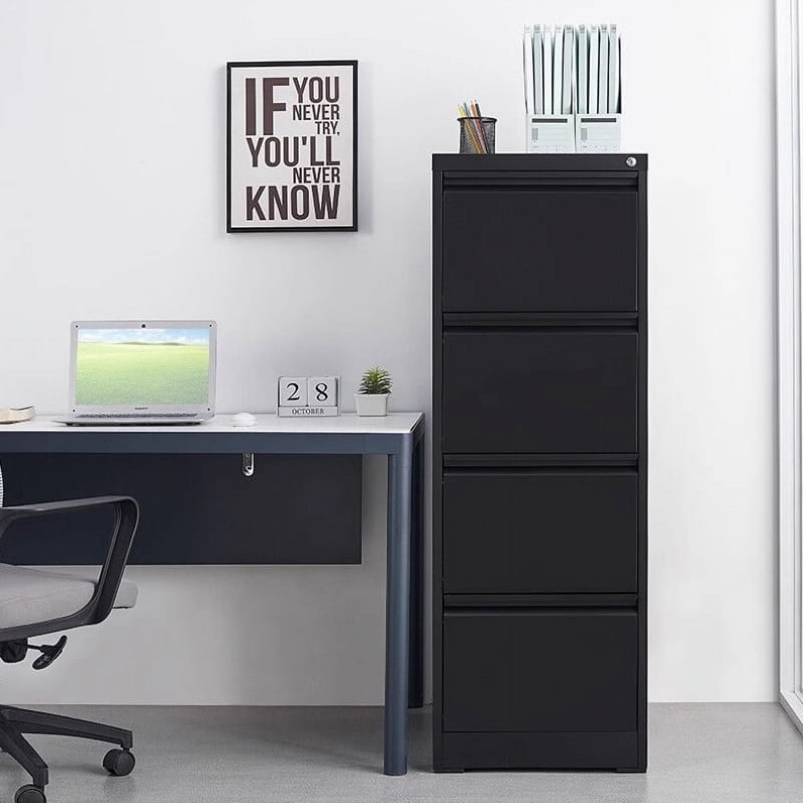 4 Drawer Lockable Vertical Metal File Cabinet, Anti-Tip Interlock Steel Storage Cabinet with Integrated Handle, Full Extension Slides, Fits Letter/A4/Legal Size Hanging Files for Home Office