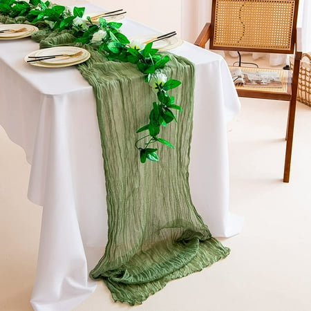

CIVG 3Pcs Green Cheesecloth Table Runner 3 x 10FT with Streamers Hemp Ropes Boho Vintage Gauze Table Cloth Bulk Rustic for Wedding Reception Party Baby Shower Birthday Table Decor