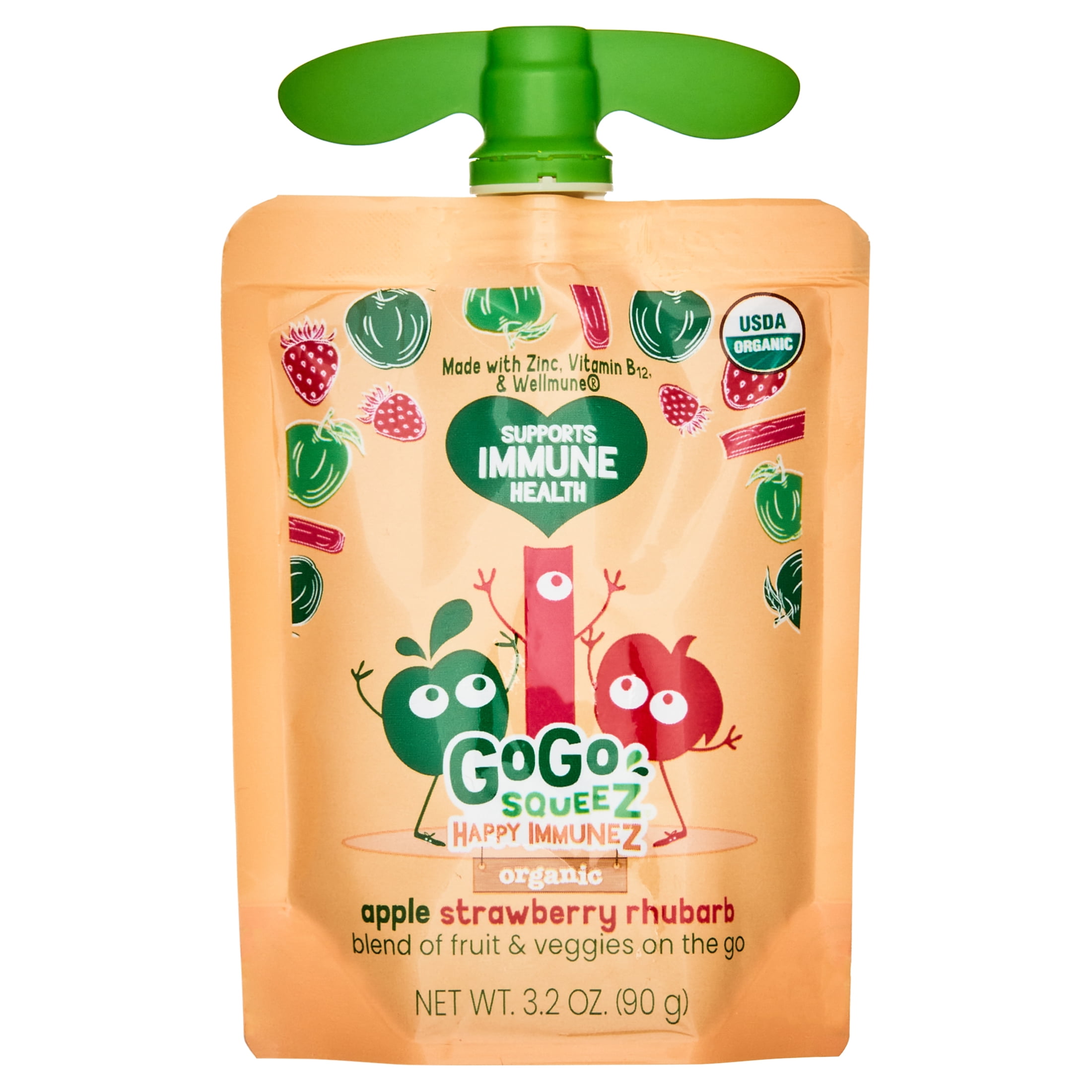 GoGo squeeZ Happy ImmuneZ Apple Strawberry Rhubarb Snack Pouches, 3.2 oz, 10 Pack