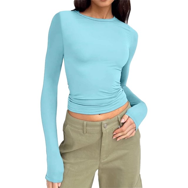 Women's Sexy Long Sleeve Square Neck Basic Slim Fitted Ribbed Knit Tee Shirts Crop Tops